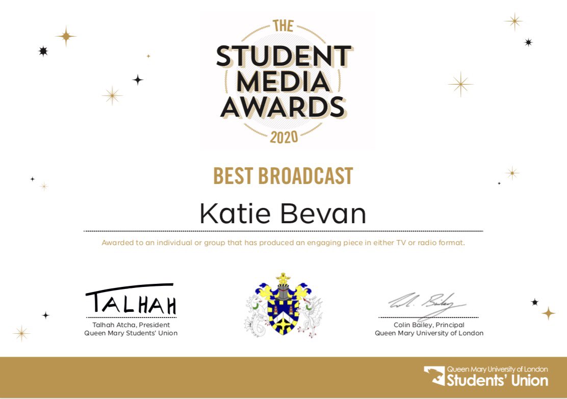 to quote the queen, tracy beaker: i’m not crying.. it’s hayfever. cannot think of a better way to finish my time doing student media. thank you <a href="/quest_radio/">Quest Radio</a> @qmsu 💛 (e-certificates are a bonus too - less likely to lose them than ones received at a drinks-filled awards night) 🥂