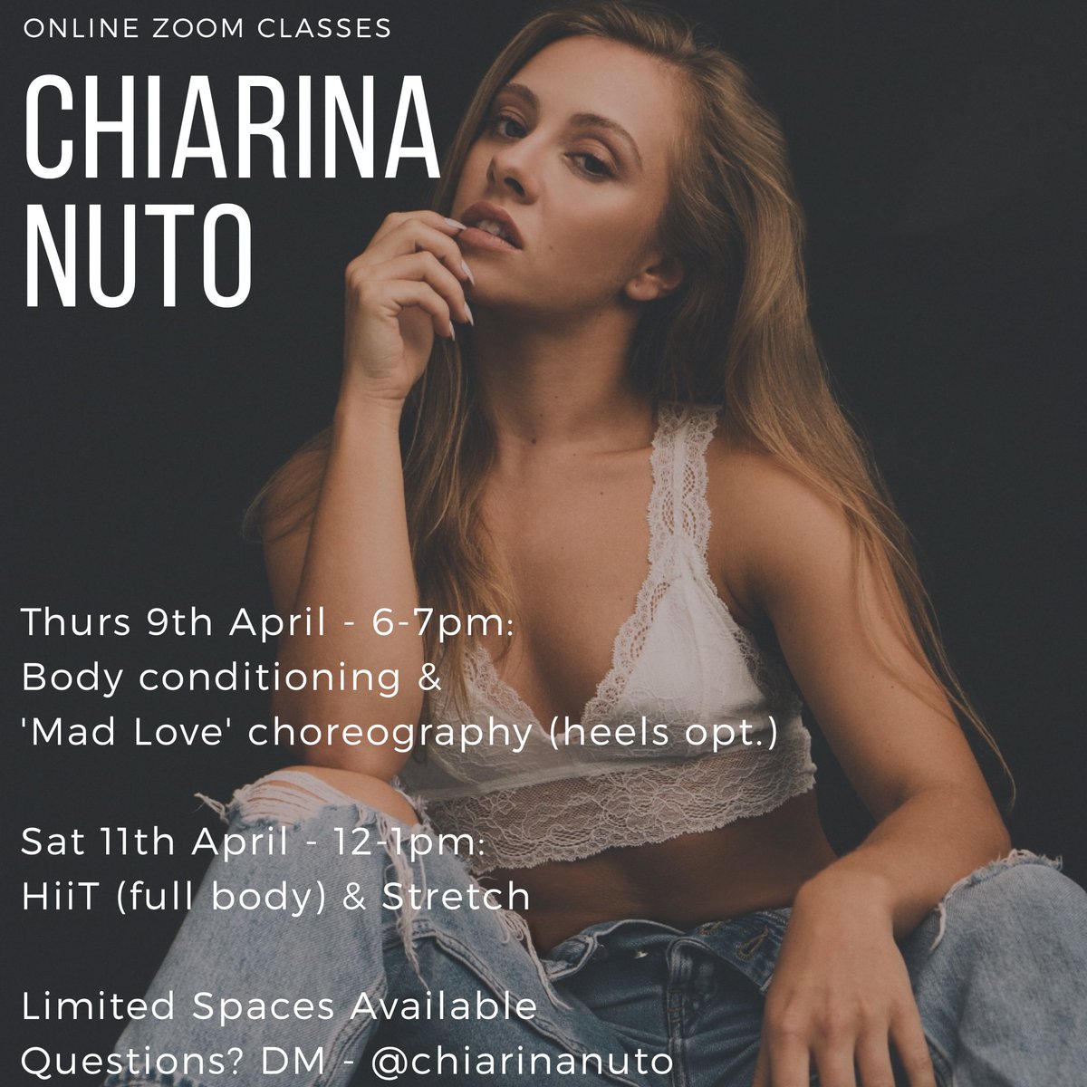 Hey guys! Launching online dance &amp; fitness classes via Zoom. Come and train with me! 😘 Focusing on mobility, strength, flexibility and musicality, just to name a few! eventbrite.co.uk/o/chiarina-nut…
Hope to see you there! Xx