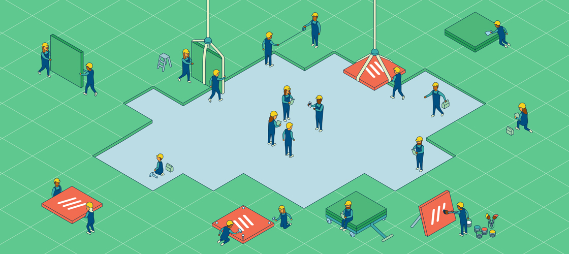 Animated image of builders building a what3words grid.