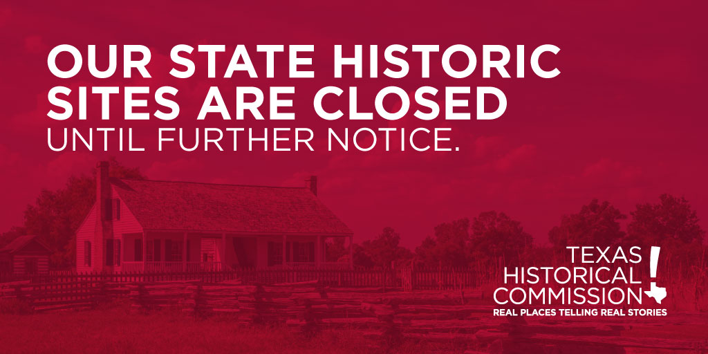 TxHistComm's tweet photo. .@GovAbbott has directed the THC to close all State Historic Sites as part of the state’s efforts to strengthen social distancing practices. 

We look forward to reopening and restoring programming as soon as we can ensure the safety of our visitors.

https://t.co/FsbFRxdTY3 https://t.co/4vcCeThi21