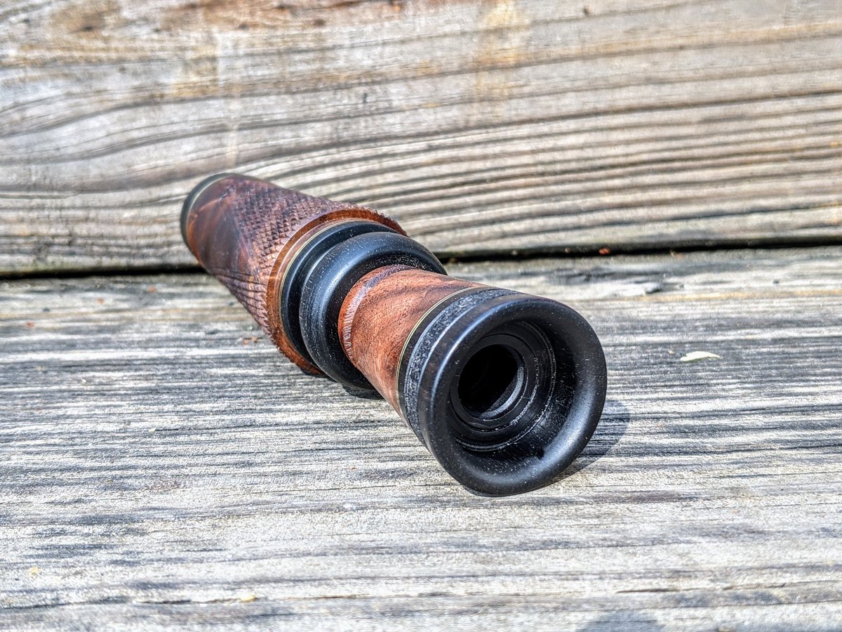 DJCallsCo's tweet photo. Sorry for the lack of posting 😬 but something to kill the time with everything going on. Ok, well I got her finished. Triple in lays, brass and black, high grade walnut with ABW, sleeved in buffalo horn, three panel checker with stippled tonal. https://t.co/GOUR7xQW4Q