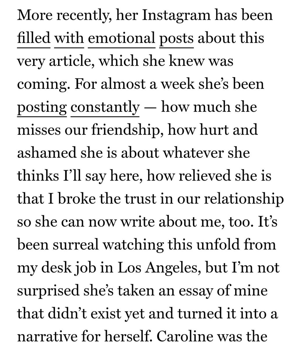 She begins the article painting her narrative of Caroline (w/ a total lack of self-awareness). You& #39;re not surprised she& #39;s taken an essay of yours that isn& #39;t even written yet & turned into a narrative for herself?It& #39;s not manipulation, dear. THE ARTICLE REALLY IS ALL ABOUT HER!