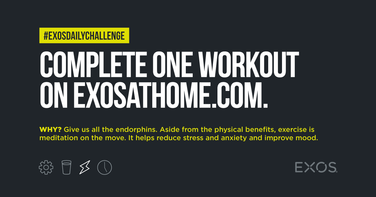 TeamExos's tweet photo. Endorphins anyone? We could all use a little pick-me-up, so join one of our https://t.co/xDIxdSgYi8 live workouts or catch up on a recorded one. Share a video or pic of your workout with #EXOSdailychallenge and tell us how exercise has helped you cope during this pandemic. https://t.co/QaJmv7gCBI