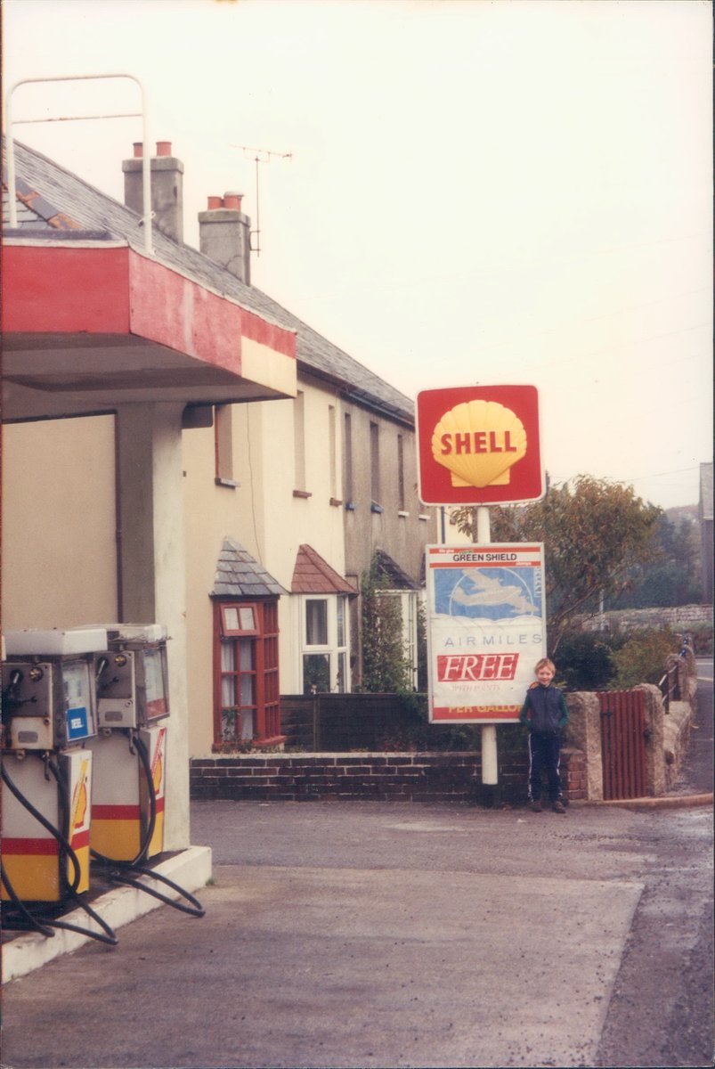 Day 107 of  #petrolstationsShellPrincetown Garage, Dartmoor, Devon 1989  https://www.flickr.com/photos/danlockton/15647992484/Retaining a 1960s (pre-Raymond Loewy) Shell sign well into the 1990s, this was one of few petrol stations in the centre of Dartmoor. New Green Shield stamps & Air Miles on offer.