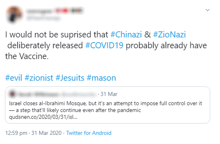 There are several variations on this theme: including that there is a “Zionist agenda” to depopulate the world by killing huge numbers of people or that the  #coronavirus is part of a plot involving some combination of the United States, Israel and China.