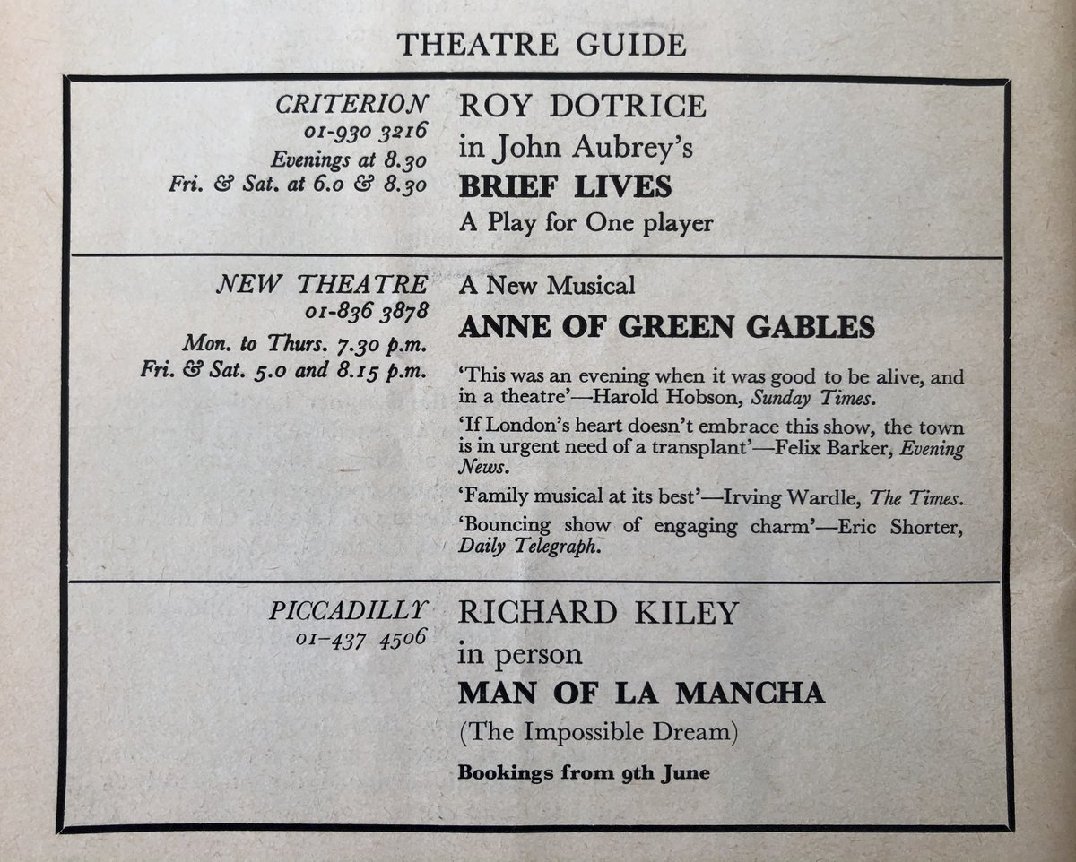 What else was on in 1969?  #ManOfLaMancha at  @TeamPiccadilly,  #BriefLives at  @CriTheatre,  #AnneOfGreenGables musical at New (then Albery, now Noel Coward) Theatre & a season of new plays under director John Neville at  @FortuneTheatre1. Did you see any? #DudleysProgrammes