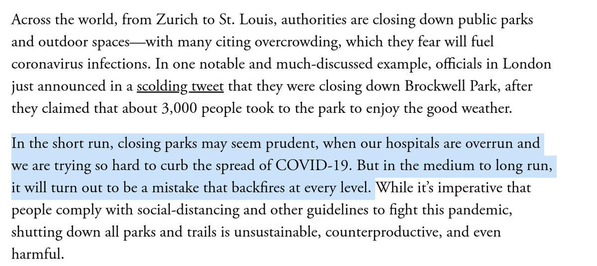 All over the world, the authorities are closing down parks and trails—but that's unsustainable, counterproductive and probably even harmful. Instead, we should adapt to the pandemic and retool them for social-distancing. My new piece on why and how.  https://www.theatlantic.com/health/archive/2020/04/closing-parks-ineffective-pandemic-theater/609580/