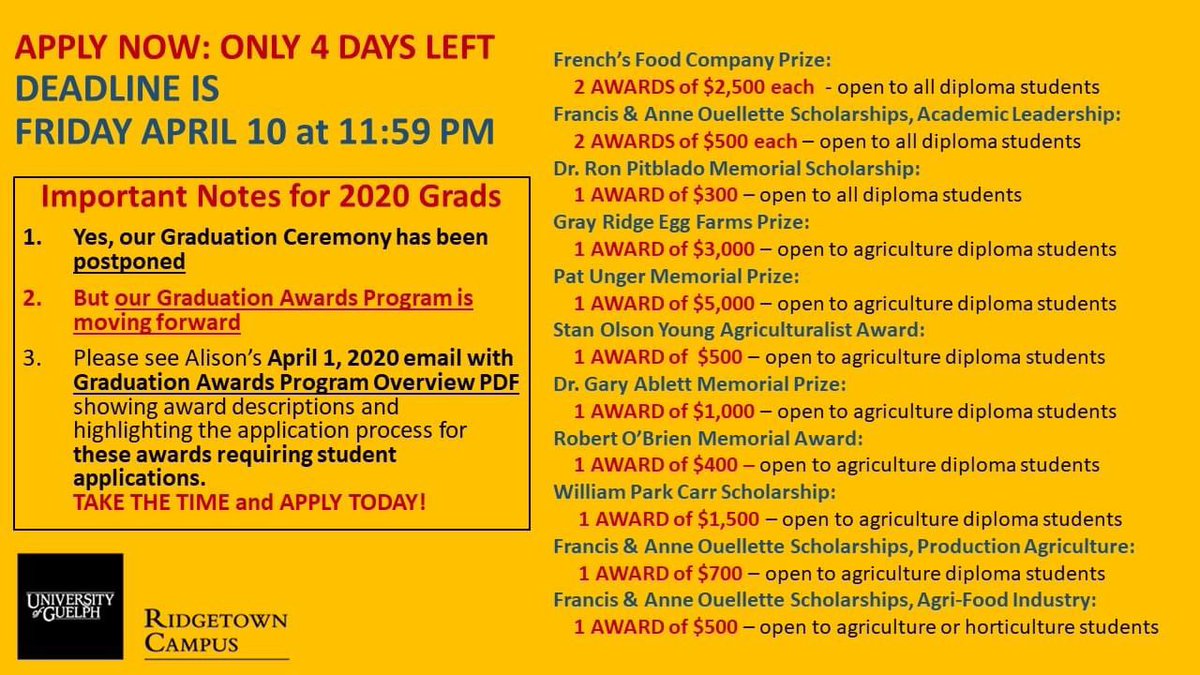 Attention Graduating Students:
Take a look at these grad awards that require an application before 11:59 pm this Friday. Take the time now, and apply! Contact Alison McMahon if you have any questions!