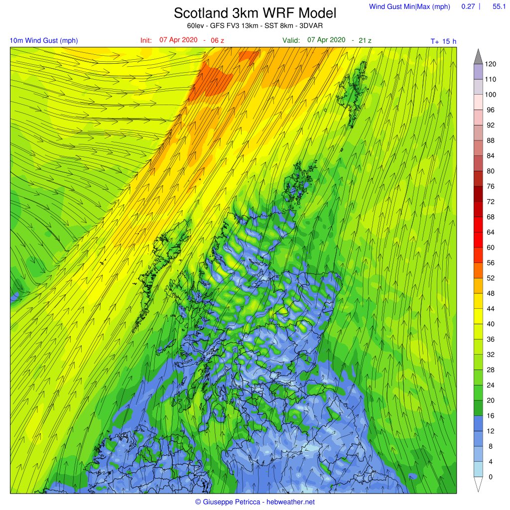 3/3 - It will continue to be gusty until late evening today, especially for the  #OuterHebrides, but things will change (and winds abate) after the transit of tonight's front, with a moderate anticyclonic (high pressure) area establishing itself over  #Scotland. [End Thread]