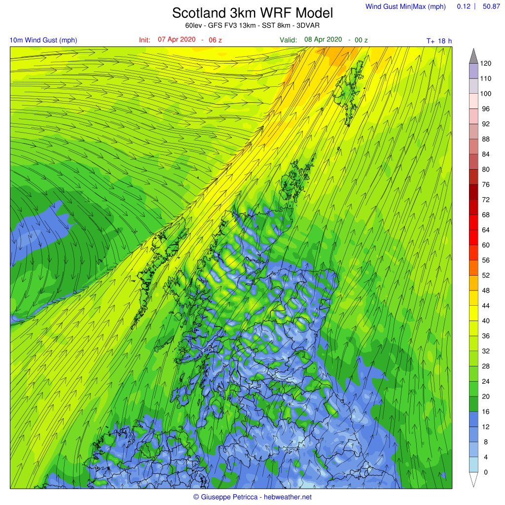 3/3 - It will continue to be gusty until late evening today, especially for the  #OuterHebrides, but things will change (and winds abate) after the transit of tonight's front, with a moderate anticyclonic (high pressure) area establishing itself over  #Scotland. [End Thread]