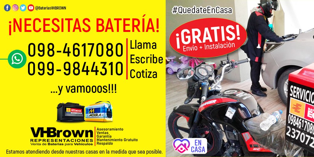 BateriasVHBROWN's tweet photo. Sin recargo adicional!!!
#Adomicilo #delivery #VHBROWN #Guayaquil #Samborondón #Batería #RT https://t.co/Nm2IWpCMfZ