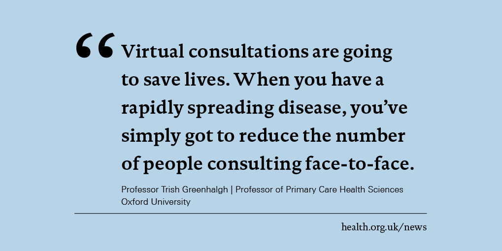 HealthFdn's tweet photo. In response to COVID-19, the NHS is scaling up the use of virtual consultations.

We spoke to @trishgreenhalgh about the rapid implementation of virtual consultations and her guidelines for GPs.

Read our interview now: https://t.co/6Np5pNPBet https://t.co/GZbsR6sUIa