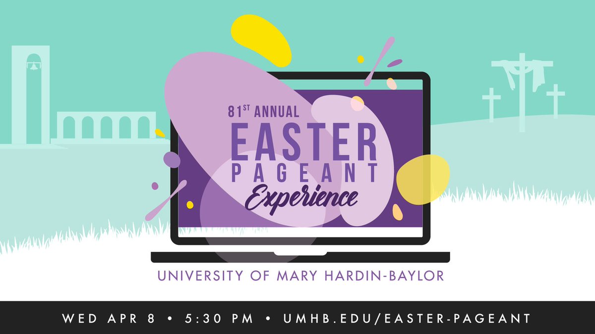 UMHB's tweet photo. Greetings Cru Family and Friends! Join us tomorrow at 5:30pm for our 81st Annual Easter Pageant Experience! We will be live-streaming the event on FB and on our site. It's a tradition you don't want to miss! #UMHBStrong  #CRUantine 💜 💛 
https://t.co/e0M38OdLoj https://t.co/PlkhYNAUir