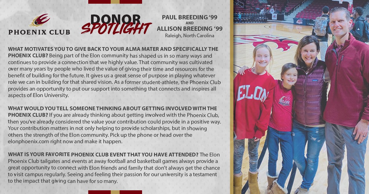 ElonPhoenixClub's tweet photo. We are thankful for our donors today and everyday! Check out why Allison and Paul Breeding love supporting the Phoenix!  #PhoenixDonorSpotlight #ElonAthletics https://t.co/9kXzhlri3p