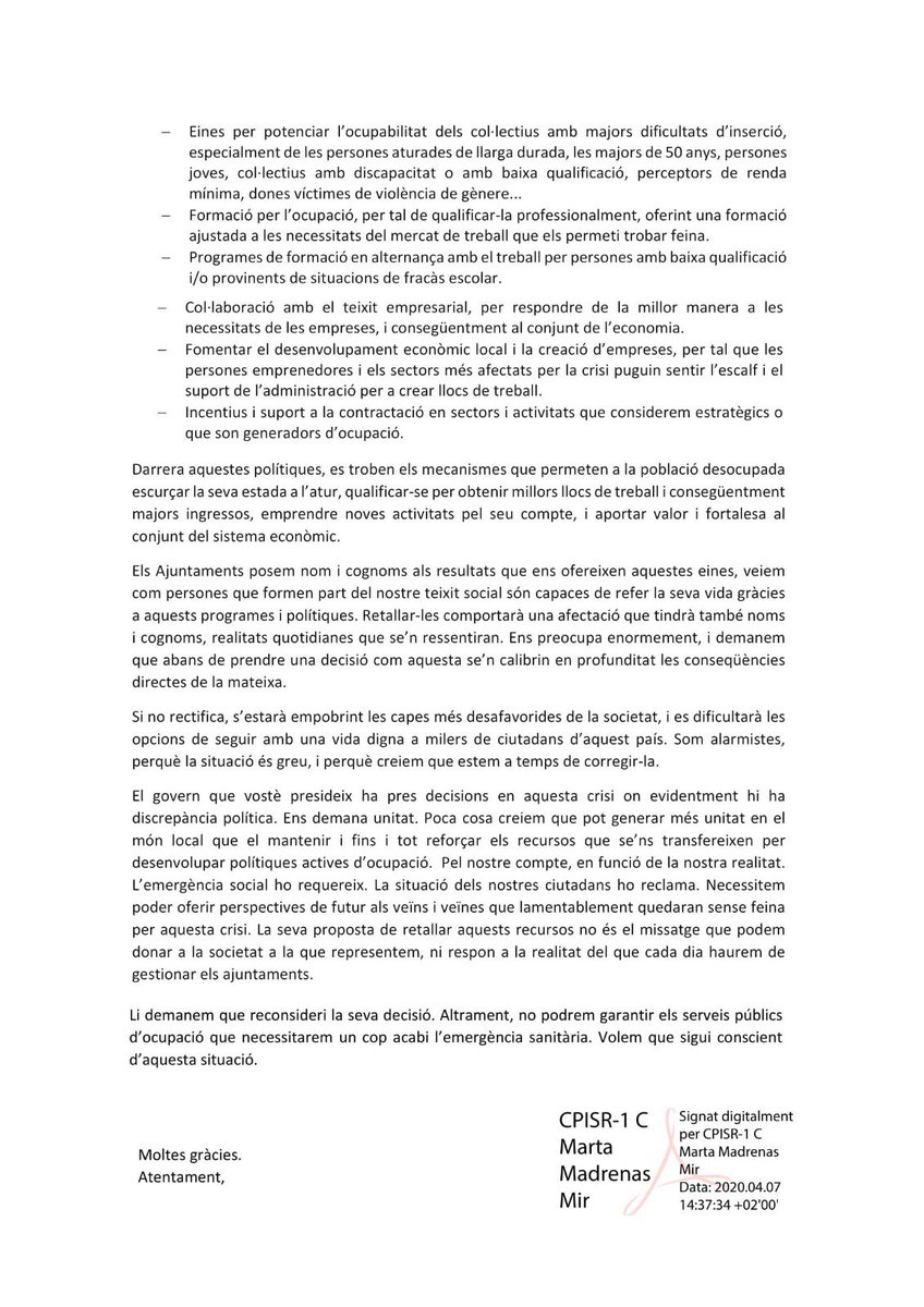 MartaMadrenas's tweet photo. 📝El món local posem nom i cognoms als perjudicats per la crisis.Amb l'escenari que ve,cal potenciar la lluita contra l'atur. Aquí els 189 alcaldes/-esses que reclamem a @sanchezcastejon que es faci enrere en la retallada del 55% a les ajudes que rebem per lluitar contra l’atur👇 https://t.co/YsMP6pY18k