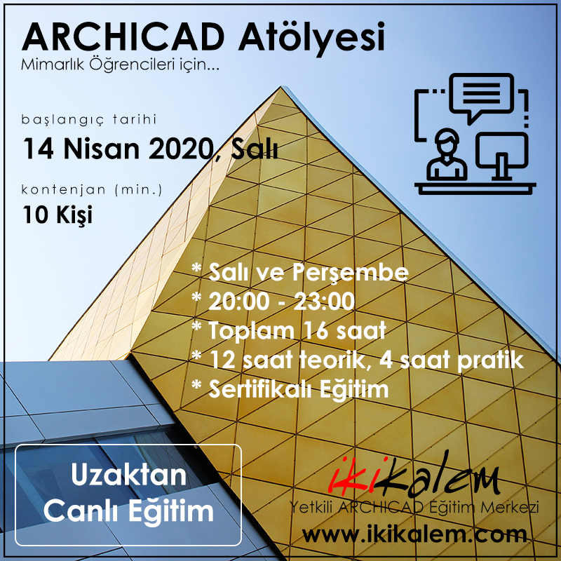 Tüm mimarlık öğrencilerine açık, 16 saatlik, sertifikalı, hızlandırılmış, uygulamalı çevrimiçi ARCHICAD eğitimi... ONLINE ARCHICAD ATÖLYESİ... Kayıtlar devam ediyor! Son başvuru 10 Nisan 2020, Cuma... Detay: ikikalem.com/online-archica… #online #archicad #atolye #ikikalem #eğitim