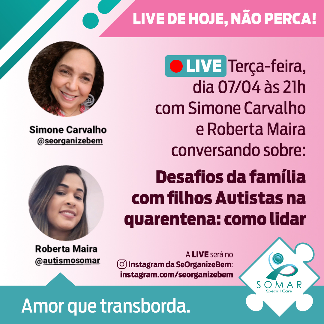 AutismoSomar's tweet photo. Hj, 07/04 às 21h, faremos uma LIVE com Simone Carvalho Barros (@seorganizebem) e Roberta Maira (Somar Autismo), psicóloga e supervisora de acompanhamento terapêutico, especialista em Saúde Mental, sobre: DESAFIOS DA FAMÍLIA COM FILHOS AUTISTAS NA QUARENTENA: COMO LIDAR #autismo https://t.co/U4u7uo47LX
