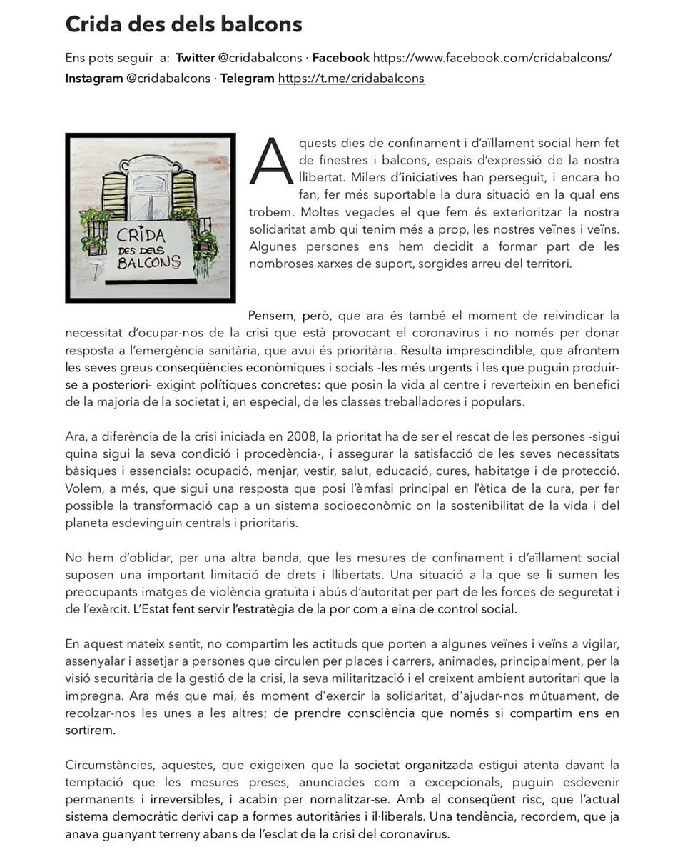 la_guilla_'s tweet photo. Neix #CridaDesDelsBalcons, crida a l'autoorganització i resposta col·lectiva enfront la crisi del #Coronavirus.
Ara més que mai les vides han d'ocupar el centre, per sobre l'individualisme i la cultura de la por. Aquests valors feministes, la millor recepta contra el coronavirus. https://t.co/HGV7TTSamd
