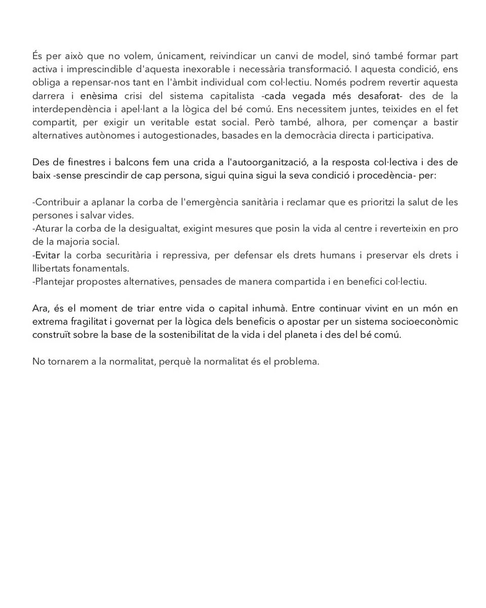 la_guilla_'s tweet photo. Neix #CridaDesDelsBalcons, crida a l'autoorganització i resposta col·lectiva enfront la crisi del #Coronavirus.
Ara més que mai les vides han d'ocupar el centre, per sobre l'individualisme i la cultura de la por. Aquests valors feministes, la millor recepta contra el coronavirus. https://t.co/HGV7TTSamd