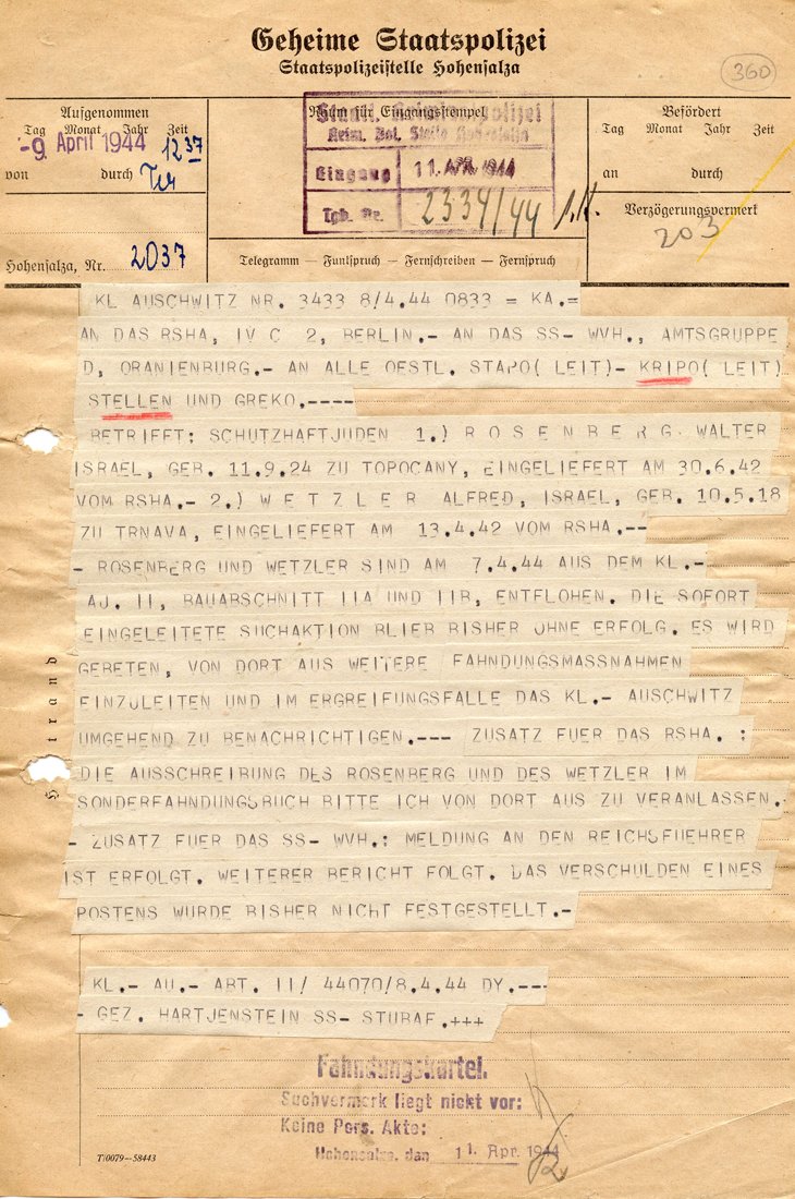 On April 7, 1944 they both hid in the previously prepared bunker. After three days, when the SS men stopped searching for them, they came out of hiding and, encircling the camp from the west, headed south in the direction of Slovakia.