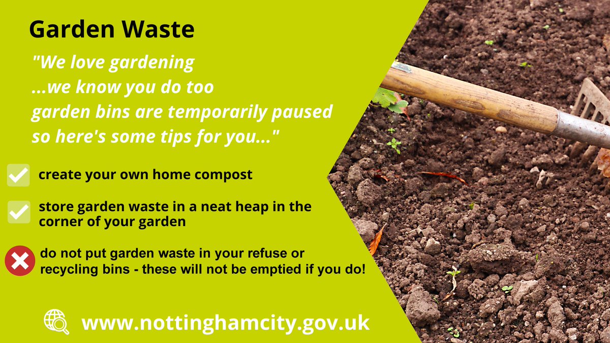 Garden waste collections are on hold - please consider:

✅ creating your own home compost recyclenow.com/reduce-waste/c…

✅ Store garden waste in a neat heap in the corner of your garden

❌ don’t put garden waste in your refuse or recycling bins