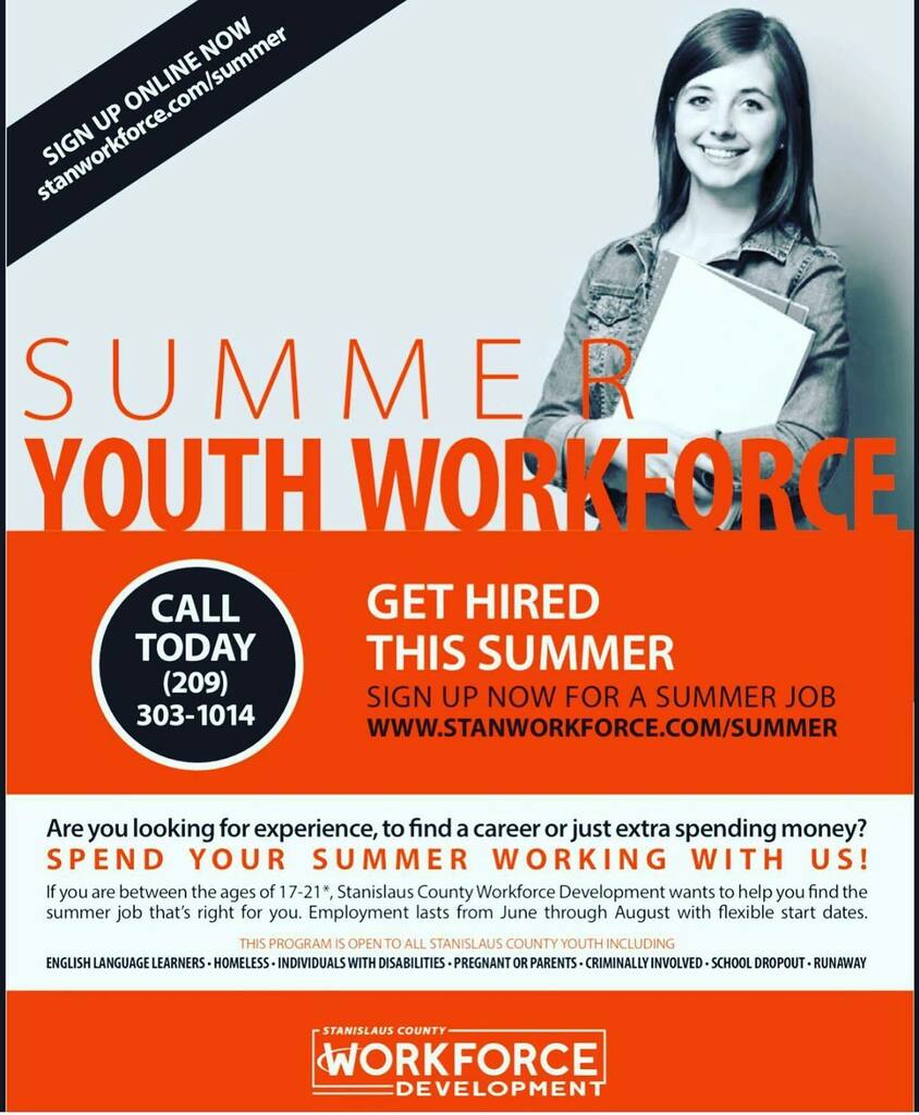 What a great opportunity from Stanislaus County Work Force. Are you in need of a summer job? This program is open to ALL Stan County youth ages 17-21.  This includes English Learners, homeless, individuals with disabilities, pregnant or parents, criminally involved, school d…