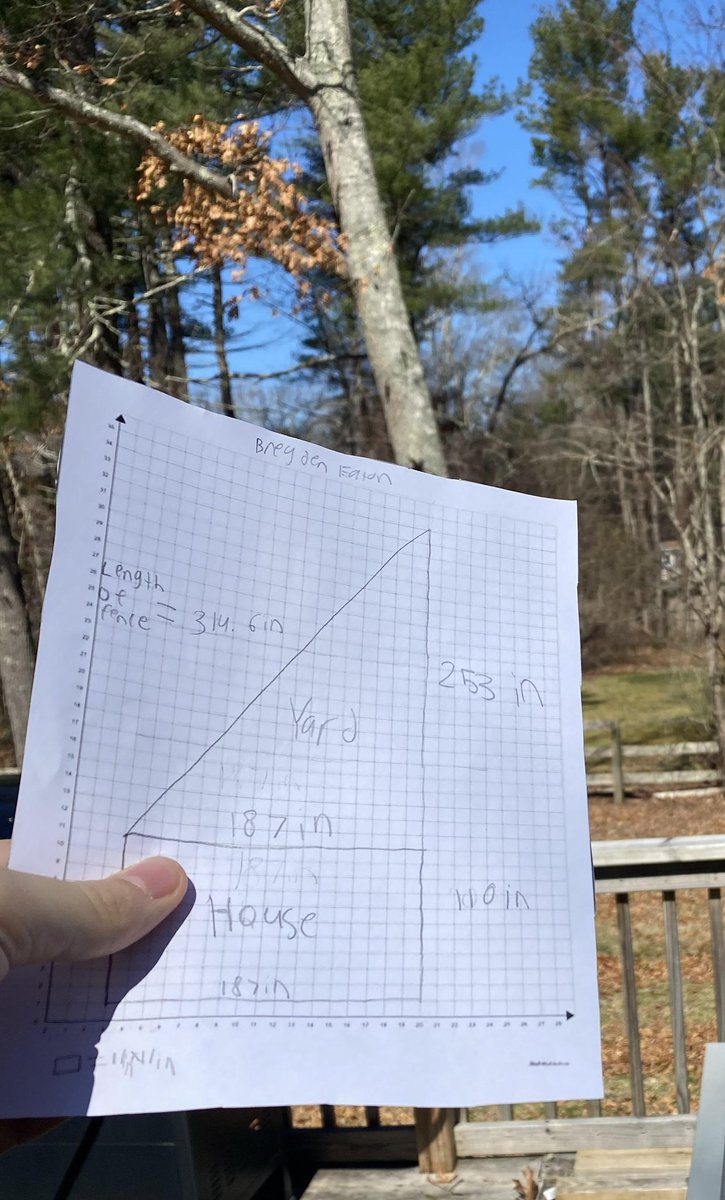 CmhsMath's tweet photo. As we start this first week of remote learning, Ms. V wanted to extend an extra special shout out to Breydon Eaton- who completed her first online challenge- indirect measurement using the Pythagorean Theorem!! He measured his back yard. https://t.co/0jwNYlgBIB