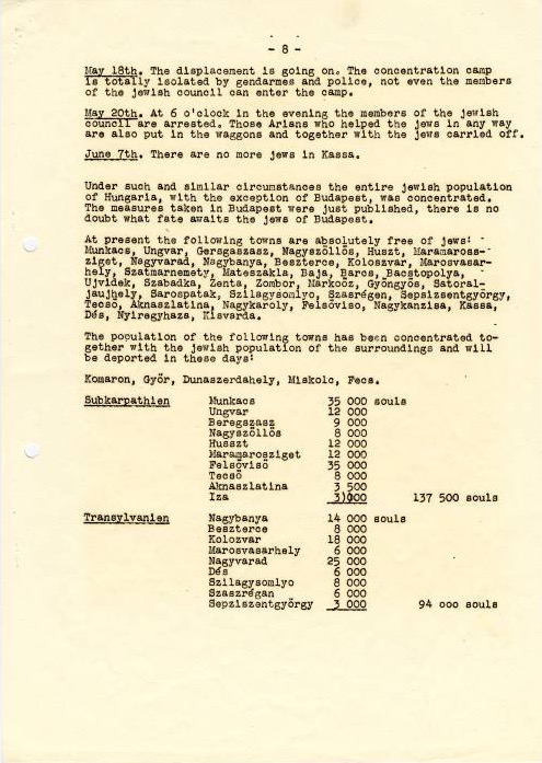 In mid 1944 the report was disclosed through the Allied media. The information included in it influenced the actions of the governments of the Allied and neutral states, which began to exert pressure on Hungarian authorities to stop further deportations of Jews to Auschwitz.