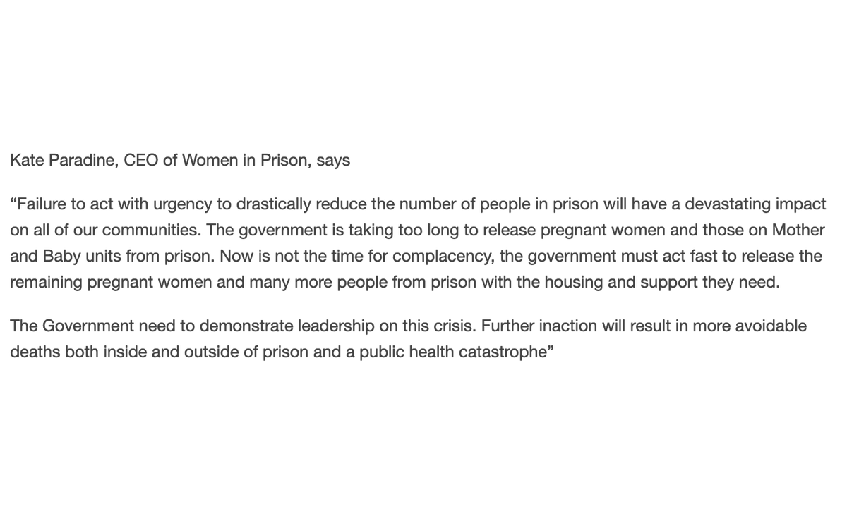 Today the Government has told us that only six pregnant women have been released from prison so far. The Government has taken far too long to get to this stage. This is our comment in response to the latest announcement:

womeninprison.org.uk/news-and-campa…