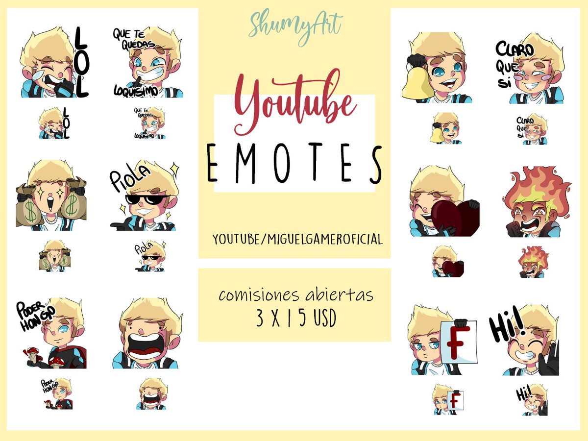 ShumyArt's tweet photo. 🌼Twich &amp; YouTube emotes🌼

Me ayudan mucho con un ❤ y 🔁

💛Pagos vía PayPal, Mercado Libre y Ualá.
💛Cualquier duda al MD.

Ejemplos del buen @soymiguelgamer 💛 https://t.co/SE1CGWWaZh