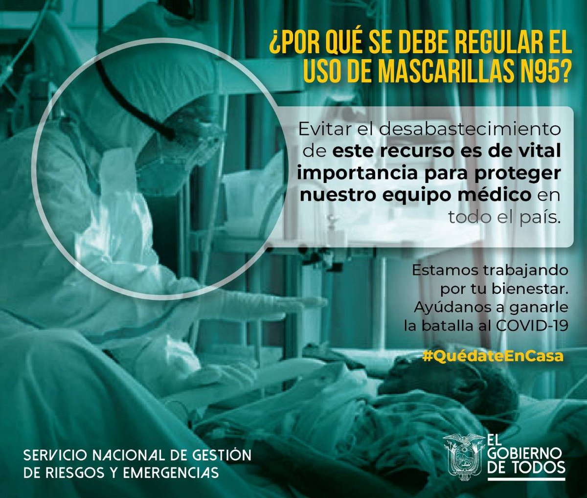 Riesgos_Ec's tweet photo. Nuestros héroes de la salud diariamente están cuidando a cientos de personas que luchan contra el #COVID19Ec. Evita usar las mascarillas N-95; los médicos, enfermeras y demás personal de la salud lo necesitan con mayor prioridad. 
#JuntosEcuador 
#QuédateEnCasa https://t.co/g1CiaYtqOE