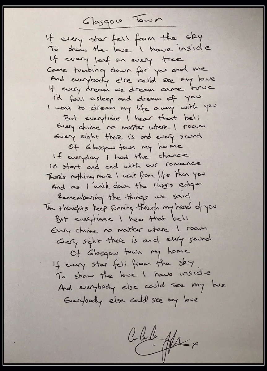 While we’re in a Glasgow frame of mind, I’d also love to share this beautiful thing. These are the lyrics to ‘Glasgow Town’, a stunning song from ‘Dix’, my favourite  @gilmourjj album. The lyrics were handwritten for me by JJ himself. You can buy them at  https://www.jjgilmour.co.uk/product/handwritten-lyrics/ 