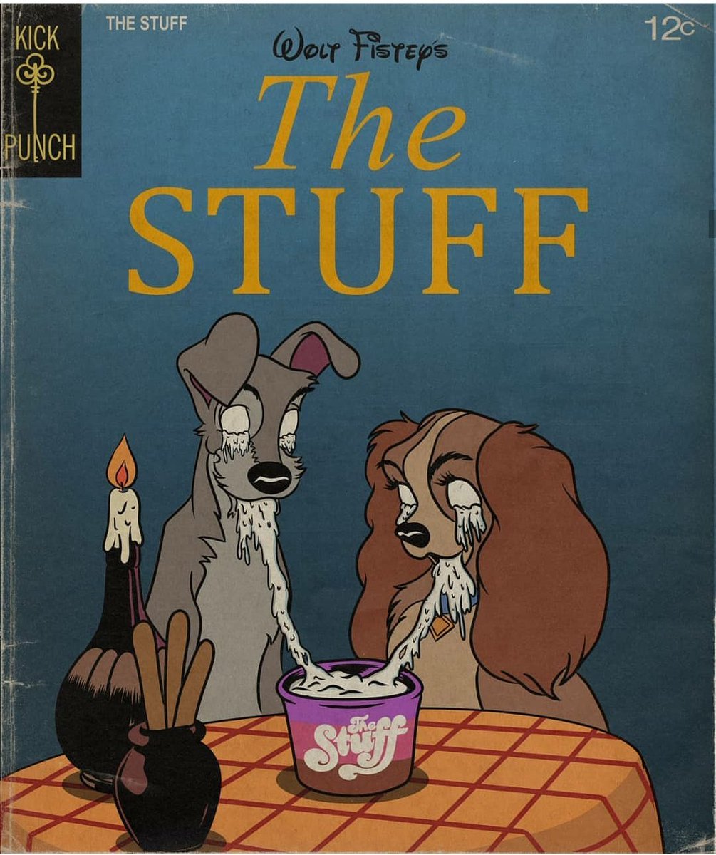 En la cuenta del artista rescata desde THE STUFF de Larry Cohen, convirtiendo a la dama y el vagabundo, a reinterpretaciones de Winnie The Pooh según Peter Jackson.