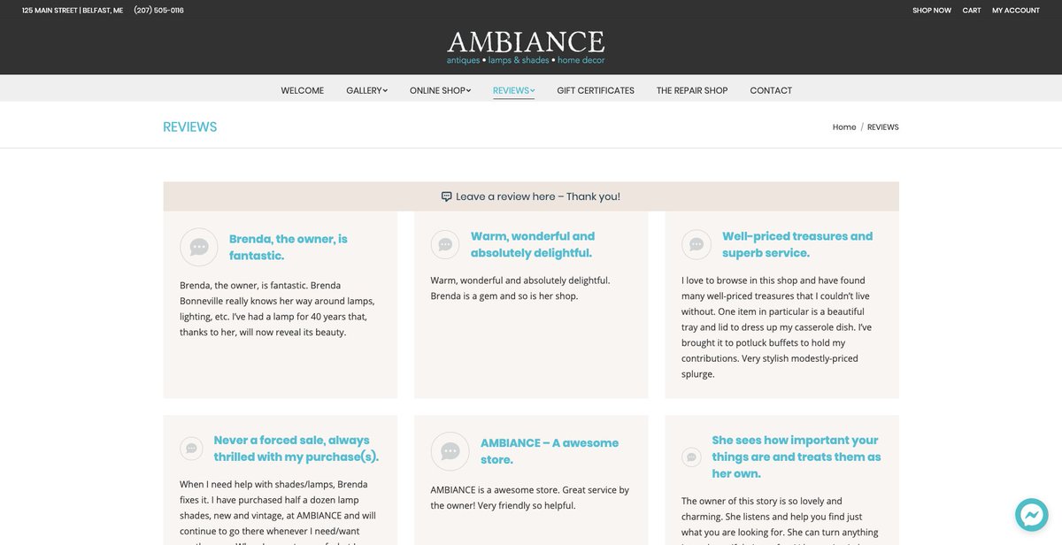ShopAmbiance's tweet photo. For those of you who have shopped at AMBIANCE and/or used our lamp repair services, we would be very grateful if you would write us a short review - THANK YOU!
Link: https://t.co/OWR27TQ2Fn
Looking forward to seeing you at the shop when we are able to re-open. https://t.co/1CjSz8xxQC