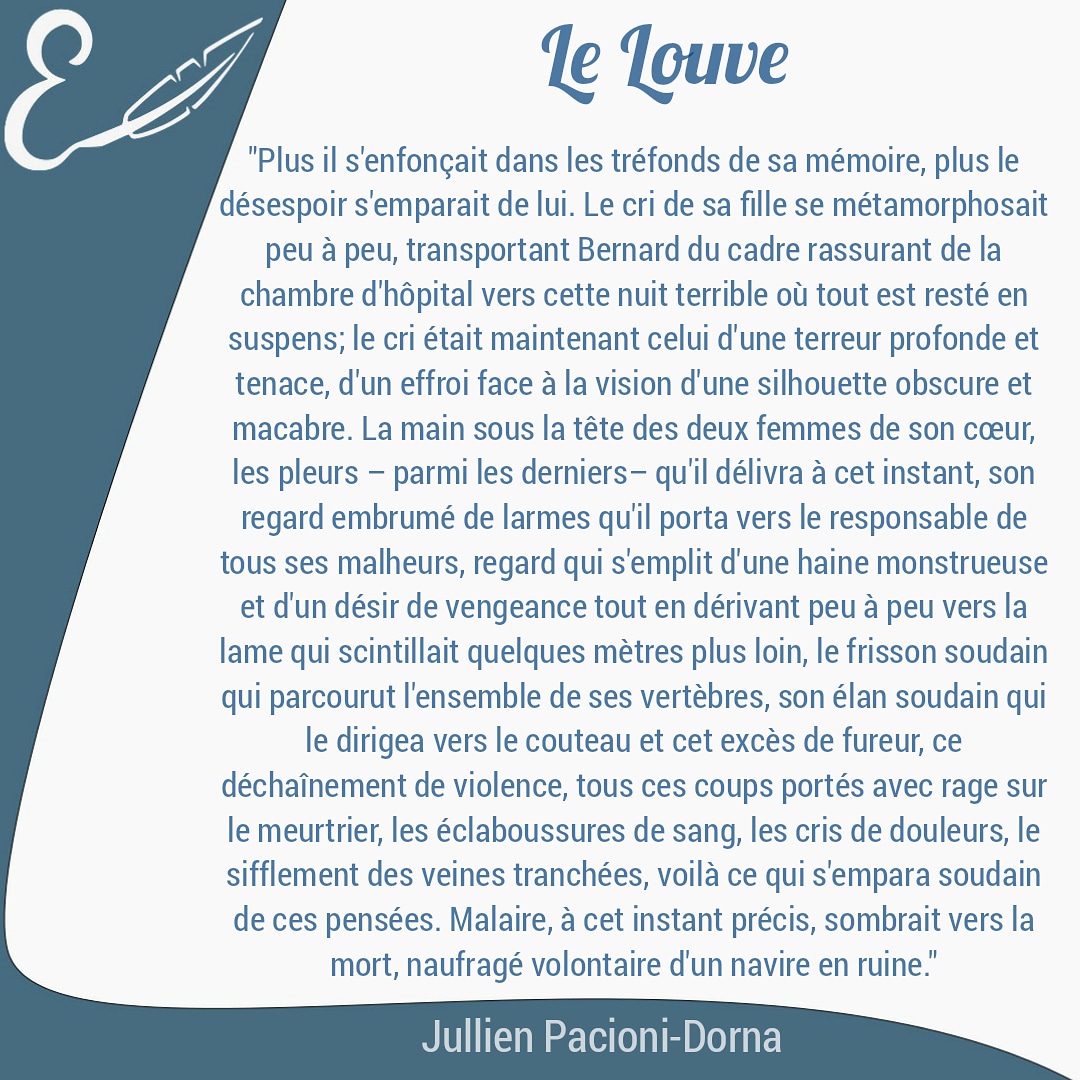 🤓 EXTRAIT 🤓 Le Louve de Jullien Pacioni-Dorna. Polar de Mars ! 🕵️ 
Un excellent livre pour quiconque aime se faire surprendre ! Une histoire rondement menée, un final inattendu et grandiose ! 👌
#autoedition #lecture #polar