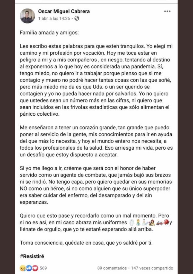 Este joven médico ecuatoriano se nos fue en su valentía escribió estas letras que Dios lo tenga en su seno así es un héroe sin capa ! Que tristeza