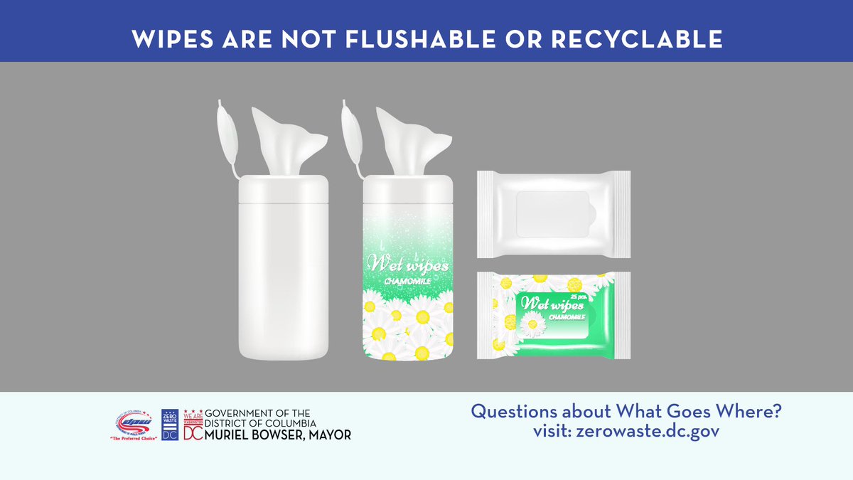 dczerowaste's tweet photo. DYK #wipes are not flushable or recyclable. Remember to place used wipes in the trash &amp; not down any drains or in your blue recycling bin. To learn what items are not recyclable in DC, visit https://t.co/WLp3UtTlXr @dcwater #DONOTFLUSH https://t.co/00tP2Vx518