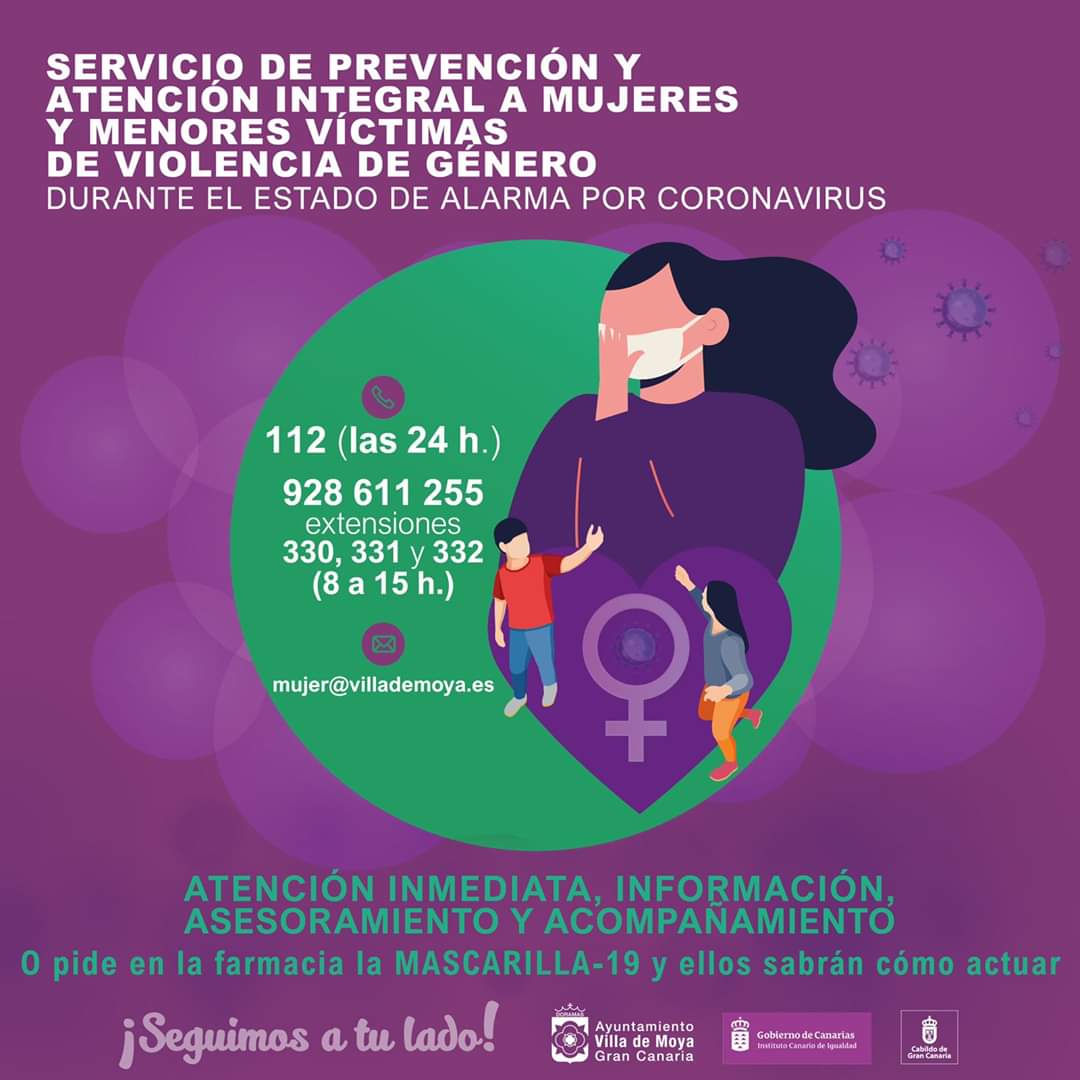 EvenActivMoya's tweet photo. El Ayuntamiento de la Villa de Moya mantiene operativo el Servicio de prevención y atención integral a mujeres y menores víctimas de violencia de género, con atención inmediata, información, asesoramiento y acompañamiento también durante el actual estado de alarma. https://t.co/a1dWfNEeiG