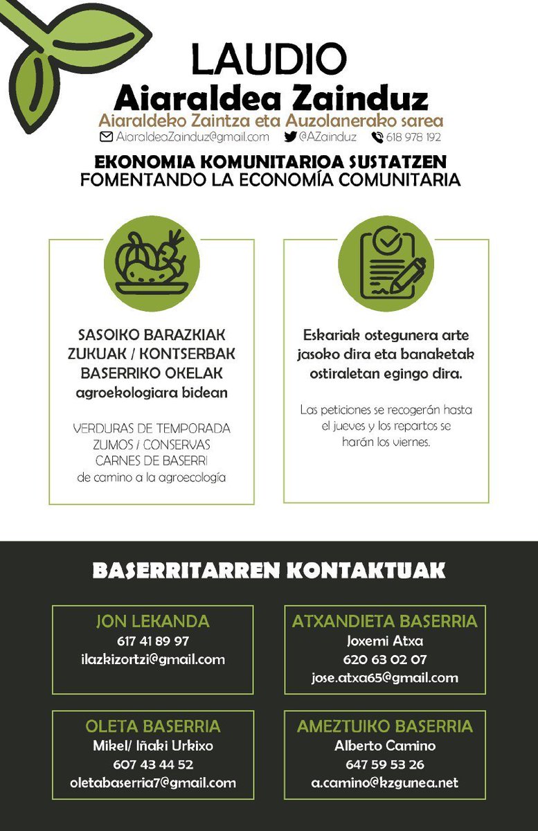 AZainduz's tweet photo. 🥬🥦🍆Laudioko tokiko ekoizleek ostegunetako azoka ere bertan behera geratu da. Gauzak hala, ekoizleetako batzuk saskiak etxez etxe banatzeari ekingo diote, ostiralero.

☎️Eskaerak ostegunera arte jasoko dira hemen beheko kontaktuetan 👇👇👇 https://t.co/ayqHl0DeLN