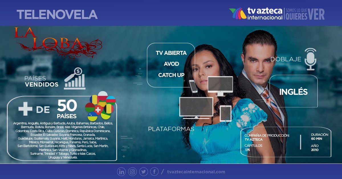 #LaLoba Vendida en más de 50 países y vista en más 3 plataformas diferentes, estos son sólo algunos de los detalles de la venta de nuestra #Telenovela en todo el mundo.
.
#tvazteca #tvaztecainternacional