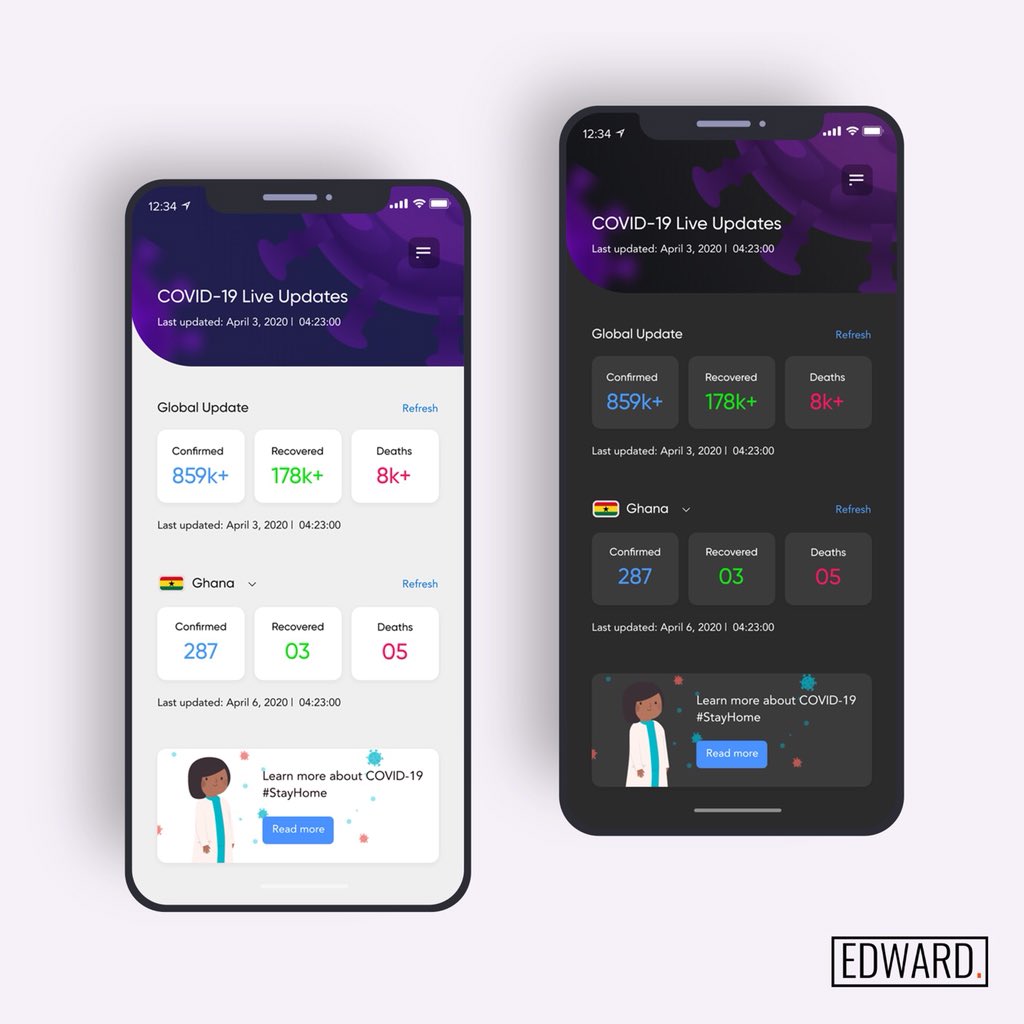 edwardyeboah_'s tweet photo. Hello lovely peopleπ€
Iβm collaborating with a developer friend to build a portal to check COVID-19 updates. Remember to stop the spread . #stayhome
#ui #ux #uidesign #uxdesign #uidesigner #interactiondesign #ghana #madewithinvisionstudio #interaction #madewithstudio https://t.co/bsOb2tcQmo