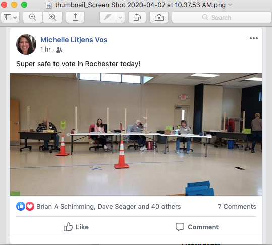 DanielBice's tweet photo. Assembly Speaker Robin Vos' wife -- former state Rep. Michelle Litjens Vos -- highlights that no one appears to be voting at her polling location in Rochester, Wis. Where could they be? https://t.co/TofW6NfatW