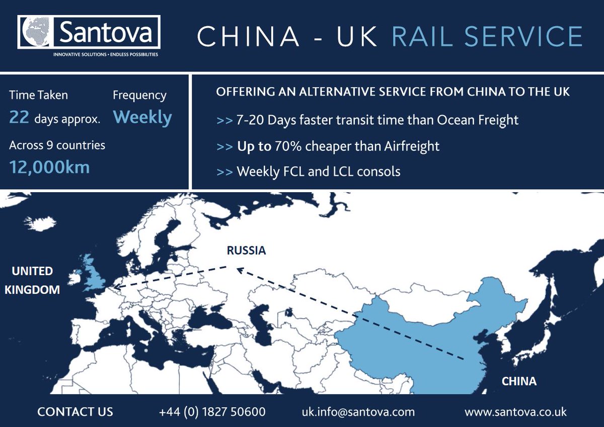 CHINA-UK: RAIL FREIGHT SERVICE
Santova is proud offer a China-UK rail service. The rail service is 7-20 days faster than ocean freight and, given the current volatility in market, is up to 70% cheaper than airfreight. Contact our team on +44 (0) 1827 50600 or uk.info@santova.com