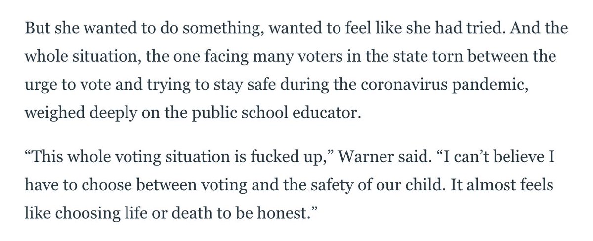 "The whole voting situation is fucked up" This Wisconsin voter story comes from the Daily Beast, and it involves a 29-year-old who was eight months pregnant and did not vote because it would have put health of her baby at risk.  #WisconsinPrimary