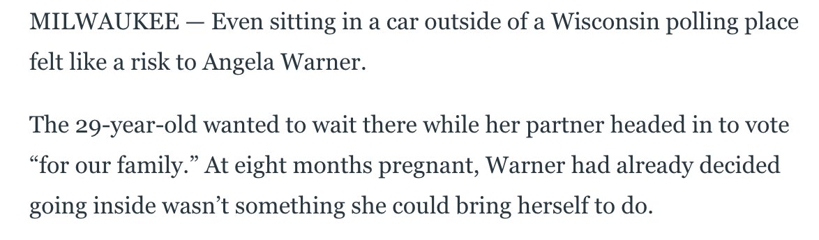 "The whole voting situation is fucked up" This Wisconsin voter story comes from the Daily Beast, and it involves a 29-year-old who was eight months pregnant and did not vote because it would have put health of her baby at risk.  #WisconsinPrimary