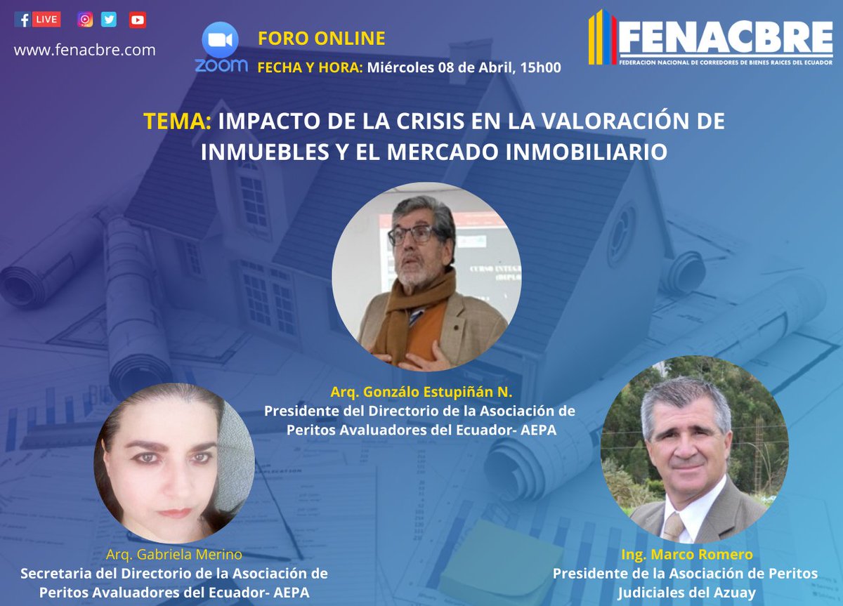 fenacbre's tweet photo. Les esperamos este 08 de abril en un nuevo webinar con un tema trascendental, desde la perspectiva del perito Avaluador: "El impacto de la Crisis en la Valoración de Inmuebles y el Mercado Inmobiliario"
Te esperemos. El motor inmobiliario del Ecuador
#TodosSomosFenacbre https://t.co/HnHK1pTkD1