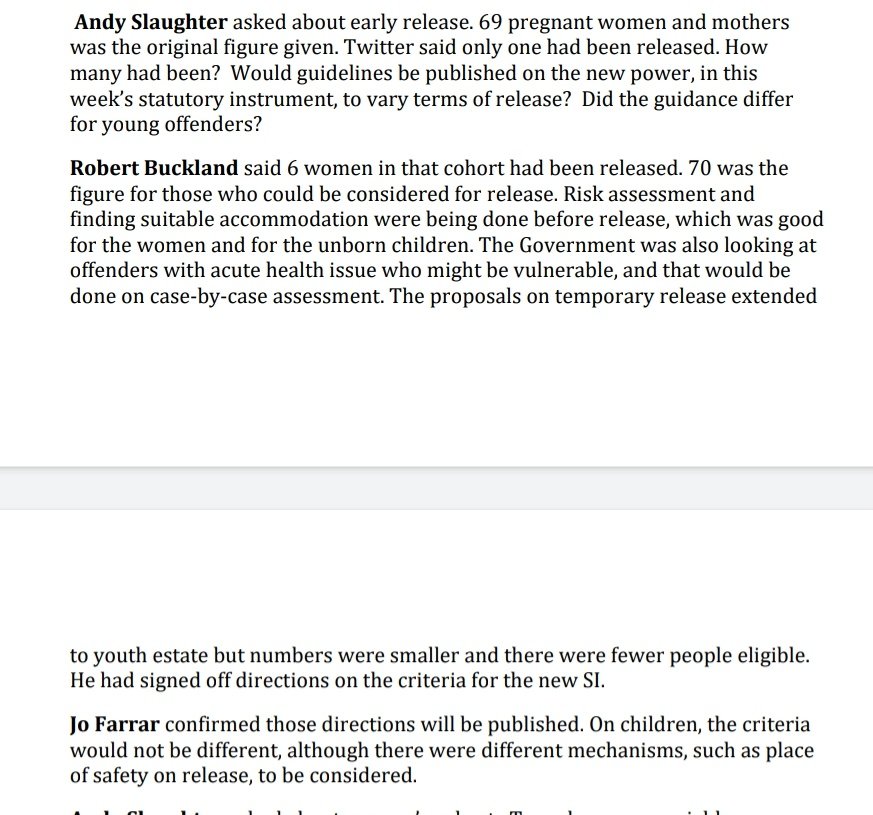 Only 6 of the 70 pregnant women & mothers eligible under announcement last Tuesday had been released, directions for other temporary releases announced on Saturday signed off and temp release applies to children but fewer eligible in response to questions from  @hammersmithandy