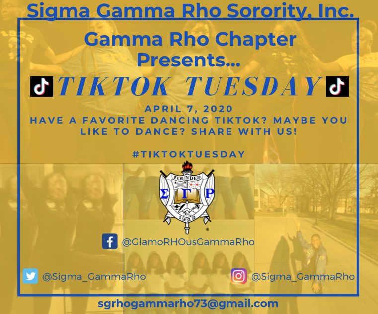 Sigma_GammaRho's tweet photo. It’s #TikTokTuesday and we want to see y’all dance moves 👀👀 Got a favorite TikTok? Show up and show out 😉 #GPWeek #SigmaGammaRho #SGRhoCentral #CRUndergrads #GlamorousGammaRho #ISU23 #ISU22 #ISU21 #ISU20 💛💙 https://t.co/O7OyZjcJ06