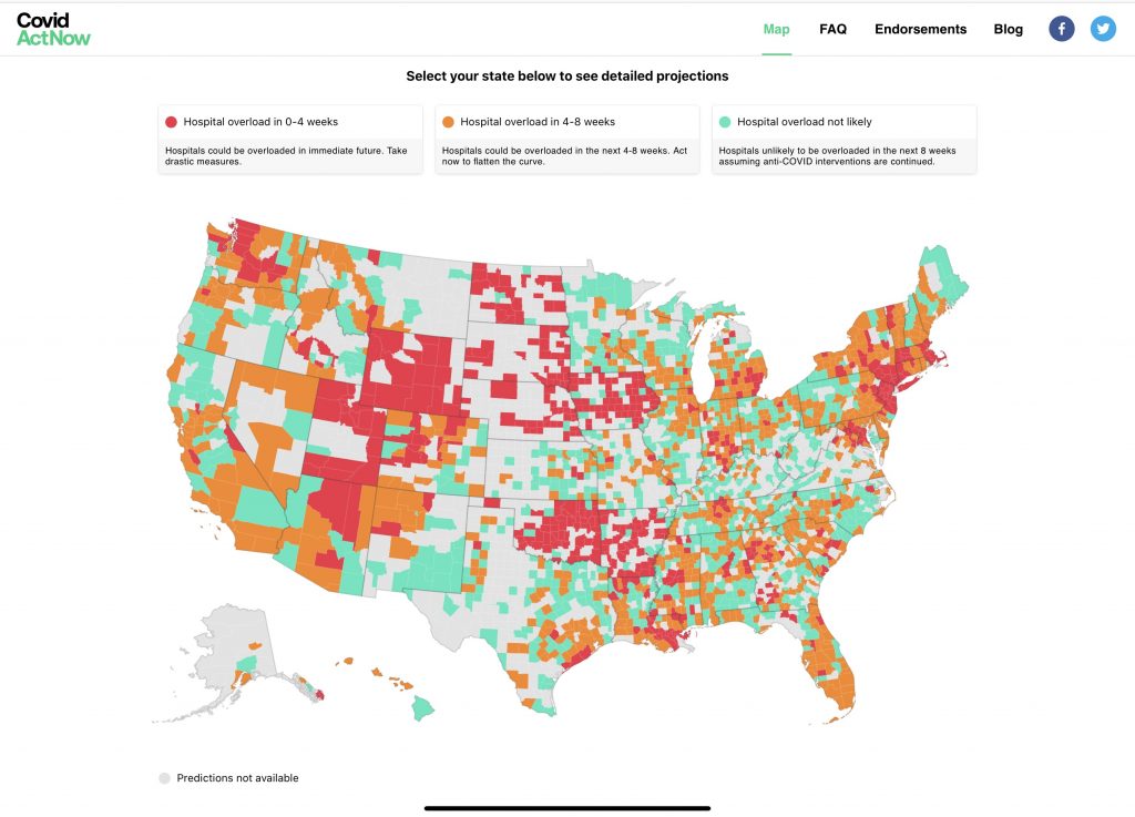 CovidActNow's tweet photo. Now that 42 states have adopted some form of “stay at home” policy, we’ve updated our primary map to reflect the county-level forecast for HOSPITAL OVERLOAD. 

See where your county hospitals stand on https://t.co/DYojLfjhyd https://t.co/eKa4l5Eq0o