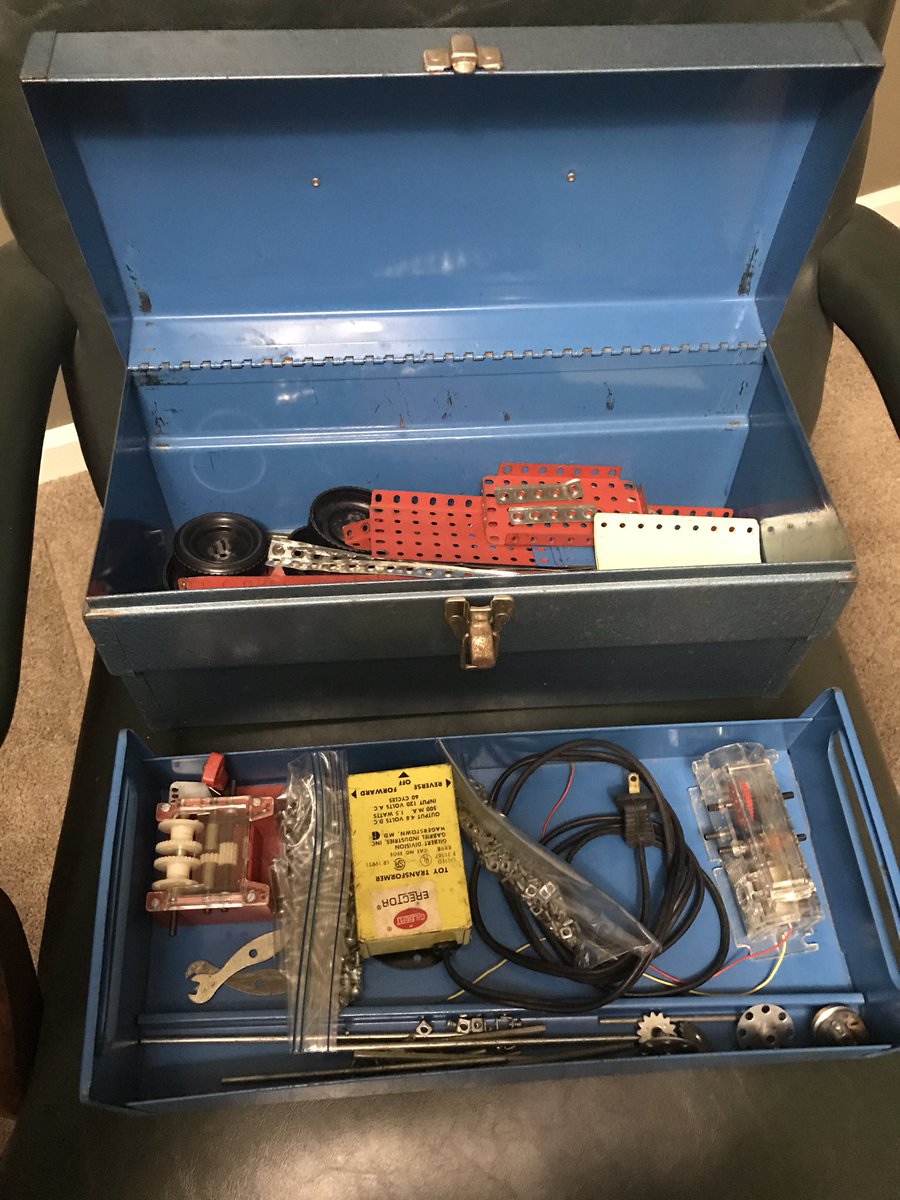 AllynArendsen's tweet photo. Sorting some items that have been in storage a while. This was a great toy. #erectorset Hours of fun.Not pristine but definitely played with. Maybe the kids were a bit hard on them That last photo looks like the results of an elementary school strong man competition. #memories https://t.co/GAPDsJb2vq